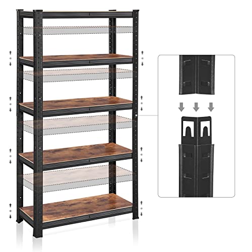 Shelving Unit, 30 x 75 x 150 cm, 650 kg Load Capacity (130 kg per Shelf), Industrial, Adjustable Storage Shelves, for Living Room, Kitchen, Garage, Rustic Brown and Black