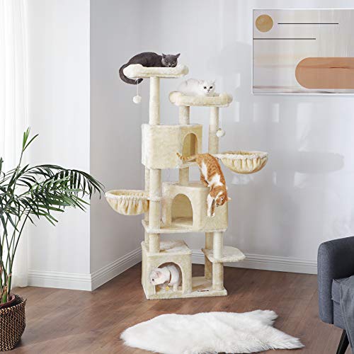 Large Cat Tree with 3 Cat Caves, 164 cm Cat Tower, Beige