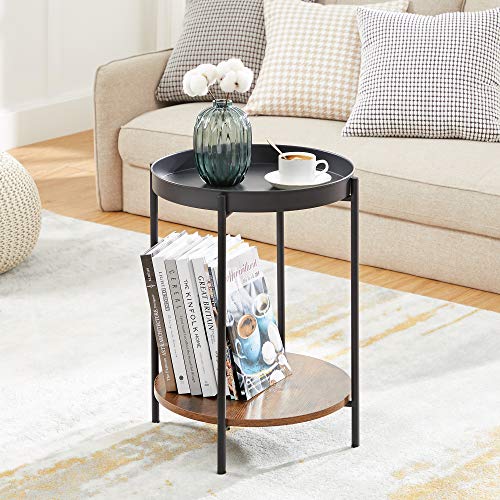 2-Tier Side Table, End Table with Movable Tray, Coffee Table, Steel Frame, for Living Room, Bedroom, Rustic Brown and Black