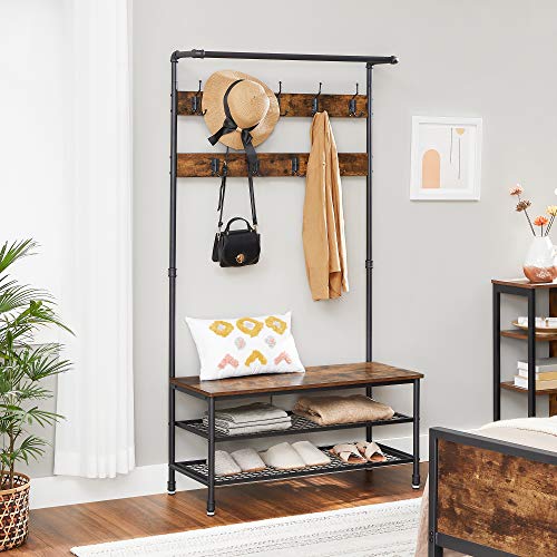 Coat Rack Stand, Large Coat Tree with 9 Hooks and Shoe Rack, Industrial Style, Multifunctional Hall Tree, Sturdy Steel Frame