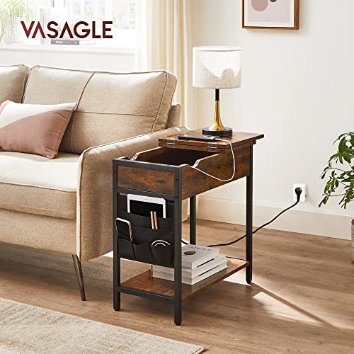 Side Table Folding Bedside Table with Sockets Folding Table Top with Shelf and Fabric Bag for Living Room Bedroom Vintage Brown Black