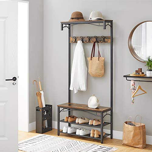 Coat Rack Stand, Industrial Coat Tree, Hallway Shoe Rack and Bench with Shelves, Hall Tree with Hooks, Matte Metal Frame, 80 x 32 x 178.5 cm (L x W x H)