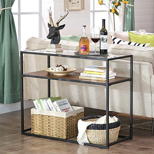 Console Table, Entrance Console, Tempered Glass Top, Robust Steel Frame, Easy Assembly, for Living Room Hallway, Industrial Style, Rustic Brown and Black