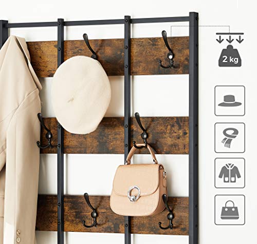 Coat Rack Free Standing, Entryway Organiser, with 8 Dual Hooks and Shoe Bench, 2 Mesh Shelves, for Bedroom, Steel Frame, Industrial, Rustic Brown and Black