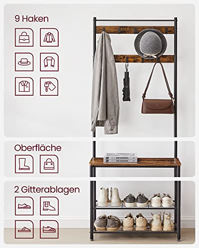 Coat Rack, Coat Stand with Shoe Storage Bench, Hall Tree with Shoe Rack, 3-in-1 Design, Steel Frame, for Hallway, Entrance, 32 x 70 x 175 cm, Industrial, Rustic Brown and Black