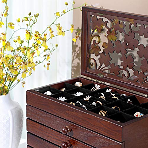 Wooden Jewellery Box with Floral Carving, 6-Tier Jewellery Organiser with 5 Removable Pull-Out Drawers, Gift for Loved Ones, Dark Brown