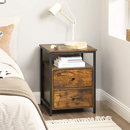 Nightstand, Bedside Table, Side Table, 45 x 45 x 60 cm, Open Shelf, 2 Drawers, for Living Room, Bedroom, Industrial, Rustic Brown and Black