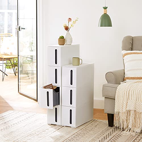 Plastic Storage Drawers, Narrow Storage Trolley on Wheels, 4-Drawer Storage Unit Tower for Bathroom Kitchen, Space-Saving, 45 x 17 x 83 cm, White and Grey