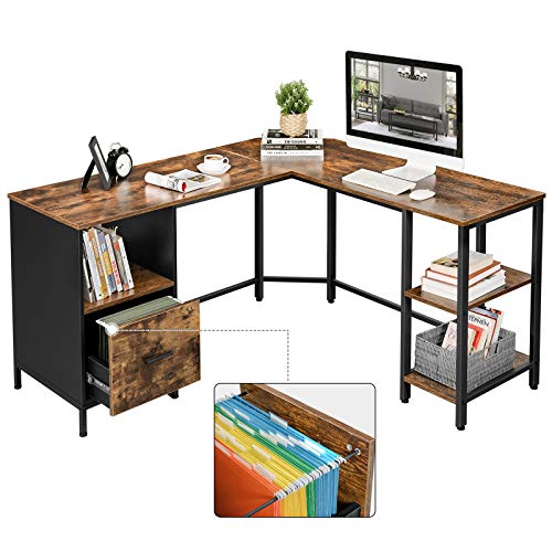 Corner Desk, L-Shaped Computer Desk, Office Desk with Cupboard and Hanging File Cabinet, 2 Shelves, Home Office, Space-Saving, Easy Assembly, Industrial Design, Rustic Brown and Black