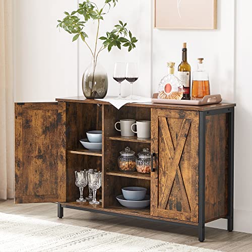 Buffet Table, Sideboard, Storage Cabinet with Cupboard and Shelves, Barn Doors, for Dining Room, Kitchen, Living Room, Hallway, Industrial, Rustic Brown and Black