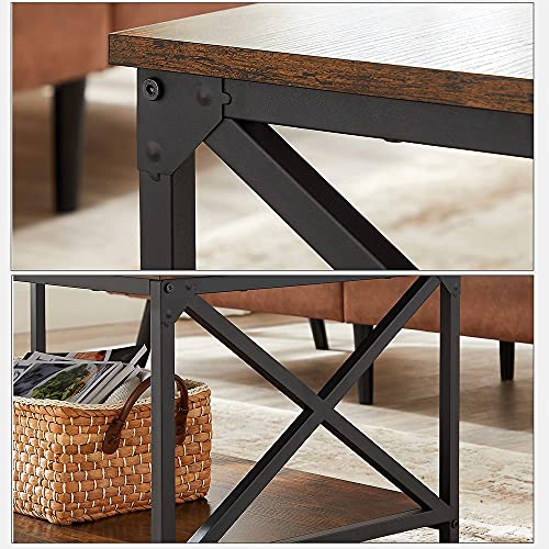 Coffee Table, Cocktail Table with X-Shape Steel Frame and Storage Shelf, 100 x 55 x 45 cm, Industrial Farmhouse Style, Rustic Brown and Black