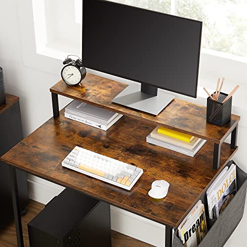 Computer Desk, Writing Study Desk with Monitor Stand, Fabric Storage Bag, X-Bars, Adjustable Feet, 80 x 55 x 90 cm, for Home Office, Industrial, Rustic Brown and Black