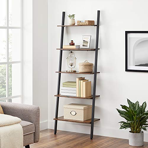 Industrial Ladder Shelf, 5-Tier Bookshelf Rack, Wall Shelf for Living Room, Kitchen, Office, Stable Steel, Leaning Against the Wall, Rustic Brown and Black 