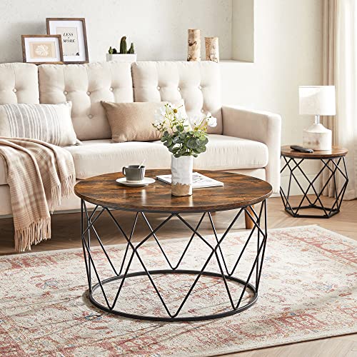 Round Coffee Table, Small Centre Table with Steel Frame, for Living Room, Bedroom, Study, Industrial Style, Rustic Brown and Black