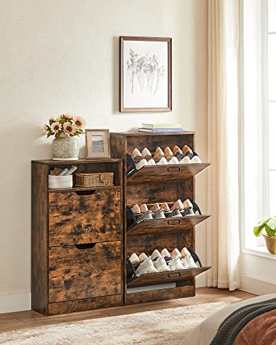 Shoe Cabinet with 2 Flaps, Shoe Rack with an Open Shelf, Melamine Veneer, Easy to Clean, 60 x 24 x 102 cm, Rustic Brown