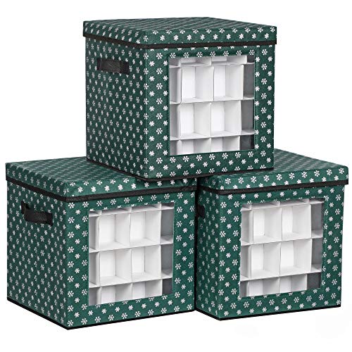 Christmas Bauble Storage Boxes, Set of 3 Storage Cube Bins for Christmas Decorations, 64 Box Places, Modular Dividers, 30.5 x 30.5 x 30.5 cm, Green