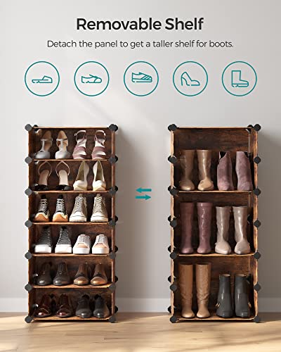 Interlocking Shoe Rack, Rectangular Storage Organiser, 10 Slot Modular DIY Storage Shelf Unit, 40 x 30 x 17 cm for Each Slot, Plastic Wardrobe with Doors, Rustic Brown