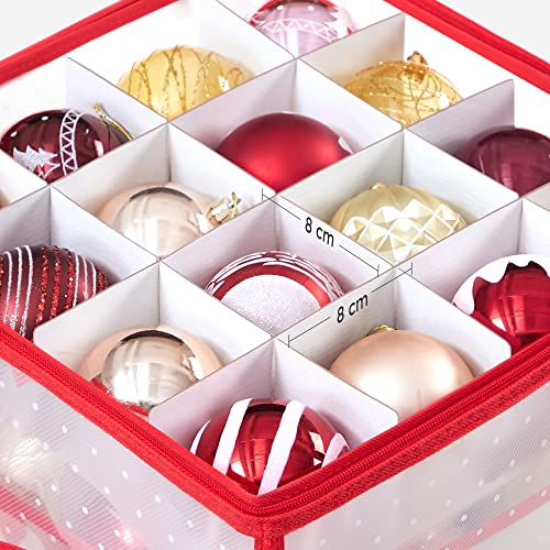 Christmas Ornament Storage Box, Storage Cube Bin for Christmas Decorations, 128 Box Places, Modular Dividers, 67 x 34 x 34 cm, Semi-Transparent and Red