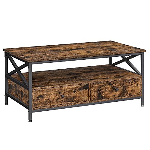 Coffee Table, Living Room Table, with 2 Drawers and Open Storage Shelf, X Shaped Steel Frame, 100 x 55 x 45 cm, Industrial Style, Rustic Brown and Black