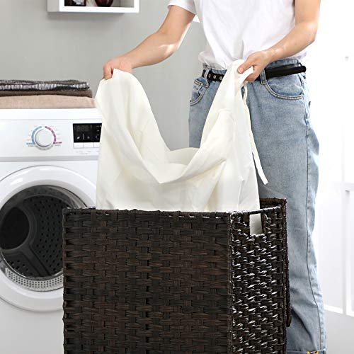 Handwoven Laundry Hamper, 23.8 Gal (90L) Synthetic Rattan Clothes Laundry Basket with Lid and Handles, Foldable, Removable Liner Bag, Brown U