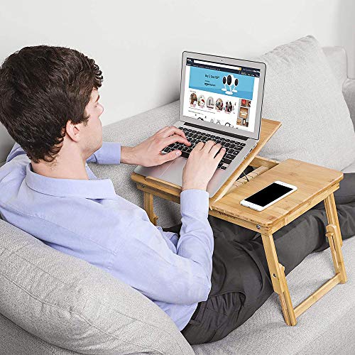 Bamboo Lap Desk, Laptop Table, Breakfast Tray with 5 Adjustable Tilting Angles, Small Drawer, Natural