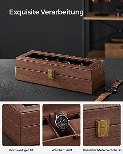 Watch Box with 6 Slots, Watch Case with Glass Lid, Velvet Watch Pillows, Watch Holder with Clasp, 11.2 x 30 x 8 cm, Gift Idea, Brown Synthetic Leather, Brown Lining