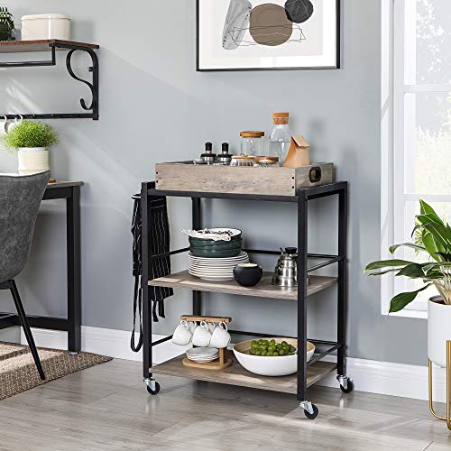 Kitchen Trolley with Removable Tray, Serving Cart Trolley, Universal Castors with Brakes, Levelling Feet, Steel Structure, Kitchen Shelf, 65 x 40 x 86 cm, Greige and Black