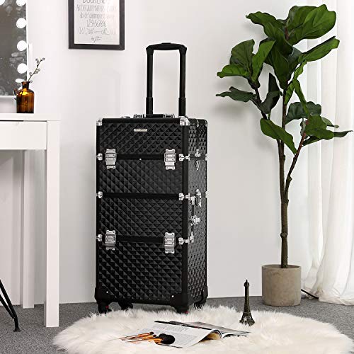 Professional Makeup Case, Travelling Beauty Trolley, Large Cosmetic Trolley for Hairdressers, Lockable Rolling Makeup Case with Universal Casters, Lid and Shoulder Strap, Black