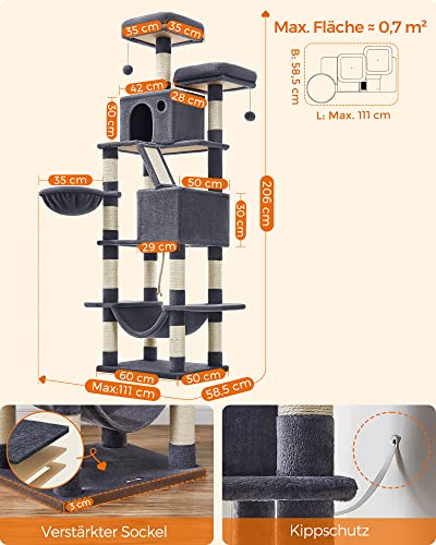 Cat Tree, 206 cm Large Cat Tower with 13 Scratching Posts, 1 Scratching Ramp, 2 Perches, 2 Caves, Basket, Hammock, Pompoms, Multi-Level Plush Cat Condo for Indoor Cats, Smoky Grey