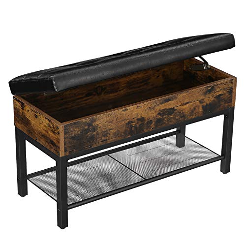 Shoe Storage Bench, Padded Bench, Bedroom Stool with Shelf, Hall, Living Room, Steel Frame, Easy Assembly, Synthetic Leather, Industrial Style, Rustic Brown and Black