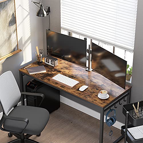 Computer Desk, Writing Desk, Home Office Desk with 8 Hooks, 140 x 60 x 75 cm, for Study and Bedroom, Easy Assembly, Steel, Industrial Design, Rustic Brown and Black