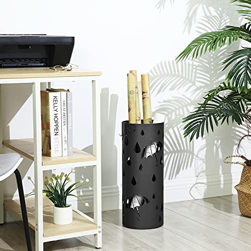 Metal Stand, Round Umbrella Holder Rack, with Hooks and Drip Tray, 49 x Ø 19.5 cm, Black , 19.5 x 49 cm (Dia. x H)