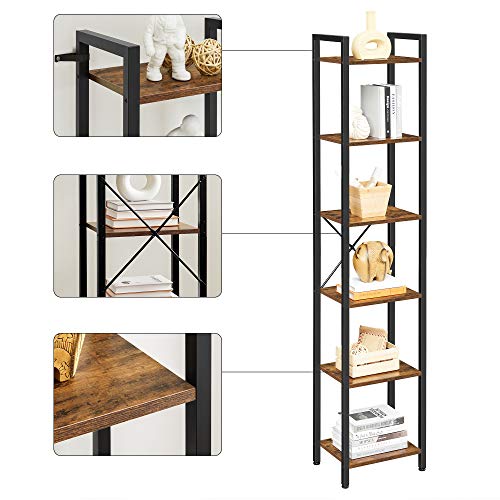 Bookcase, 6-Tier Bookshelf, Open Storage Shelving, Standing Display Rack, for Office, Living Room, Bedroom, 40 x 30 x 187.5 cm, Industrial, Rustic Brown and Black