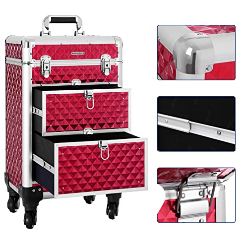 Travel Accessories Rolling Trolley Cosmetic Case ABS Red 34 x 27 x 57 cm