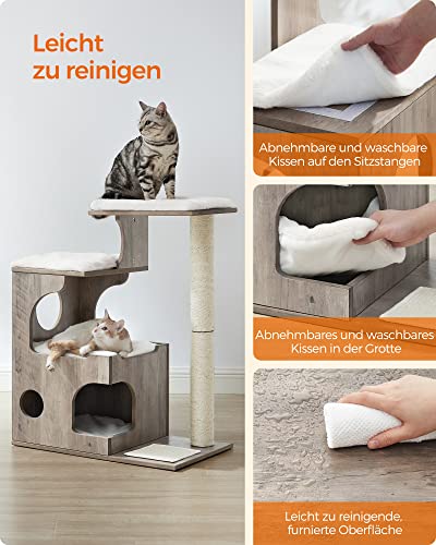 Cat Scratching Post 86 cm Medium Size Cat Scratching Post with 3 Lying Areas and Cave, Cat Tree Made of MDF with Wooden Veneer, Sisal Trunk, Washable Plush Cushions, Grey White