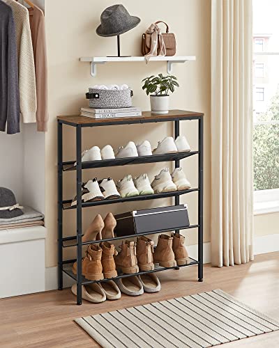 5-Tier Shoe Rack, Tall Shoe Storage with 4 Mesh Shelves and Large Top for Bags, Space-Saving for Entryway, Hallway, Steel, Industrial, Rustic Brown and Black