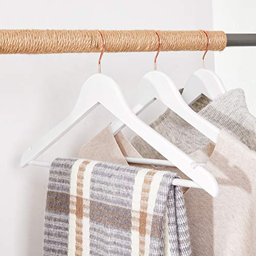 Maple Wood Coat Hangers, Set of 20 Clothes Hangers with Shoulder Notches, 360 Degree Swivel Hook in Rose Gold, for Shirts, Trousers, Jackets, White