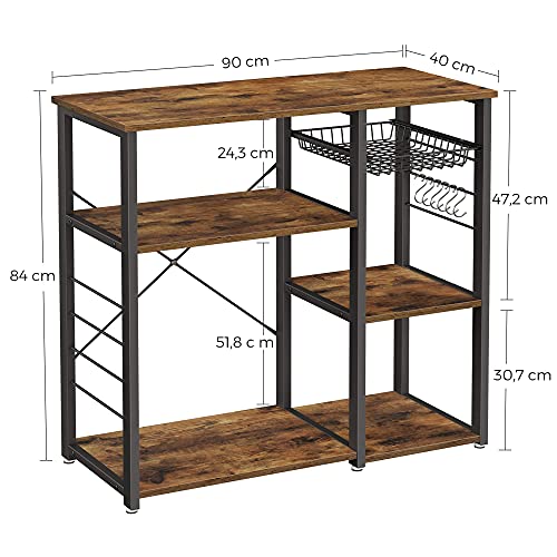 Baker's Rack, Kitchen Shelf with Steel Frame, Wire Basket and 6 Hooks, Multifunctional Storage for Mini Oven, Spices and Utensils, Industrial, Rustic Brown and Black