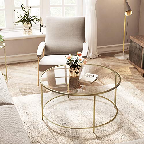 Round Coffee Table, Glass Table with Steel Frame, Living Room Table, Sofa Table, Tempered Glass, Gold