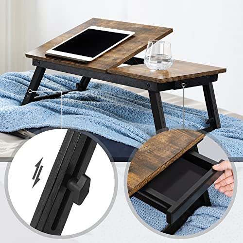 Laptop Desk for Bed or Sofa with Adjustable Tilting Top, Breakfast Serving Tray with Height Adjustable Folding Legs, Fits Screen Size up to 15.6 Inches, Floor Desk, Rustic Brown