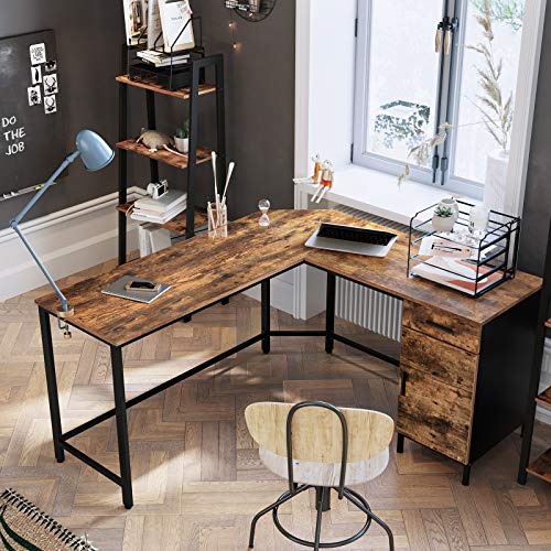 Corner Desk, L-Shaped Computer Desk, Office Desk with Cupboard and Drawer, Study, Space-Saving, Easy Assembly, Steel, Industrial Design, Rustic Brown and Black 