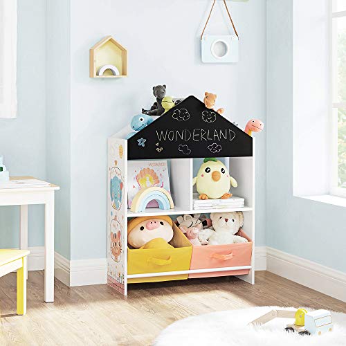 Kids’ Bookshelf, Storage Unit with Blackboard, Boxes, and Shelves, Multi-Functional for Children’s Room, Playroom, White, Black, Orange, and Yellow