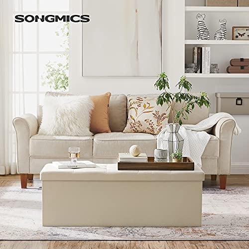 Foldable Storage Ottoman, Tufted Bench, Foot Stool with Lid, Imitation Linen Fabric, 120L, Hold Up to 300 kg, 110 x 38 x 38 cm (L x W x H), Beige