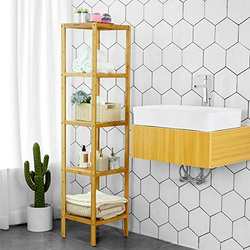 5-Tier Bamboo Bathroom Shelf, Standing Kitchen Rack, 33 x 33 x 146 cm(L x W x H), for Narrow Spaces, Living Room, Bedroom, Hallway