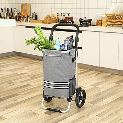 Shopping Trolley, Foldable Shopping Cart, Solid, with Insulated Cooling Bag, Large Capacity 35L, Multifunctional Luggage Cart with Wheels, Detachable Backpack, Grey