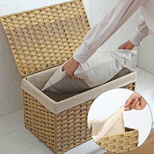 Rattan-Style Storage Box, Indoor Storage Basket, 65L Landry Hamper, Decorative Bin with Lid Liner Handles, Storage Trunk, Rectangular, Bedroom Closet Laundry Room, Natural