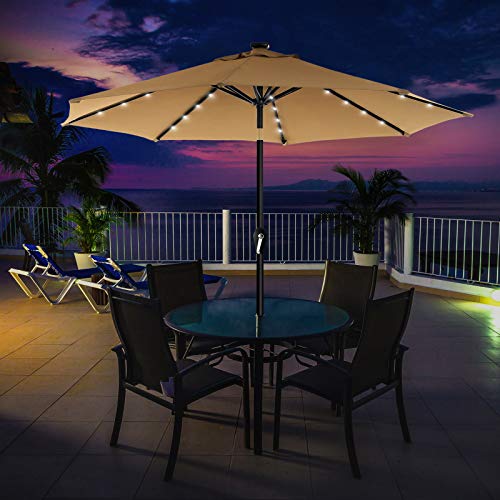 3 m Garden Parasol Umbrella with Solar-Powered LED Lights, Sunshade with UPF 50+ Protection, Tilting, Crank Handle for Opening Closing, Base Not Included, Taupe