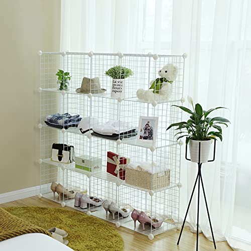 16 Cube Metal Wire Storage Organiser, DIY Closet Cabinet and Modular Shelving Grids, Wire Mesh Shelves and Rack, White