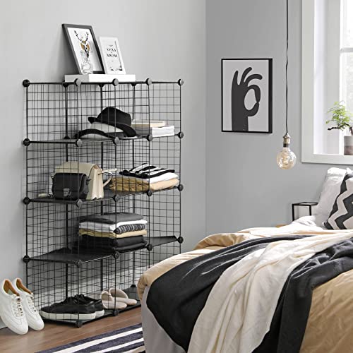 12 Cubes Wire Grid Storage Rack, Interlocking Shelving Unit with Metal Mesh Shelves and PP Plastic Sheets, for Books Shoes Toys Clothes Tools, in Living Room Bathroom, Black