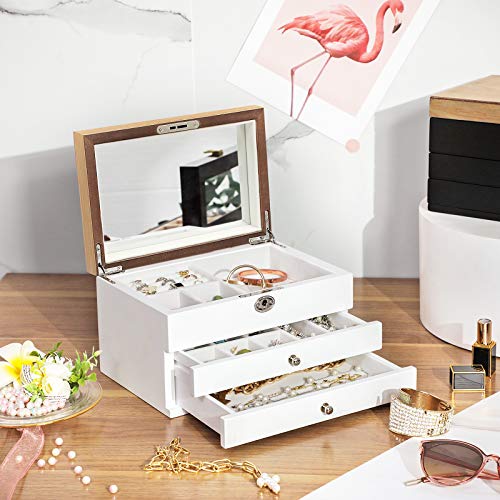 Jewellery Box, 3-Tier Jewellery Organiser with Large Mirror, 2 Drawers, Lockable, Gift for Loved Ones, for Rings, Earrings, Bracelets, Necklaces, White and Wood Grain Colour